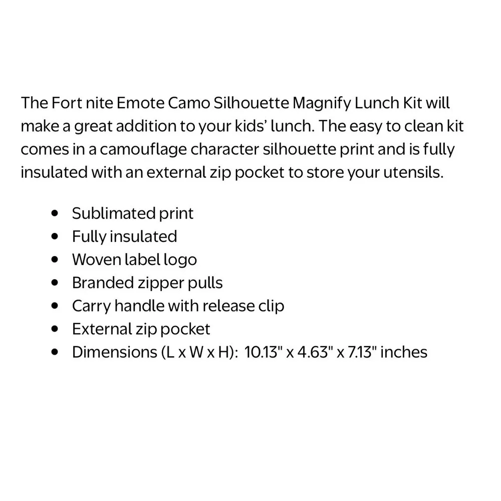 Fortnite Lunch Box Kids OS Black Camo Polyester Insulated Emote Print NEW